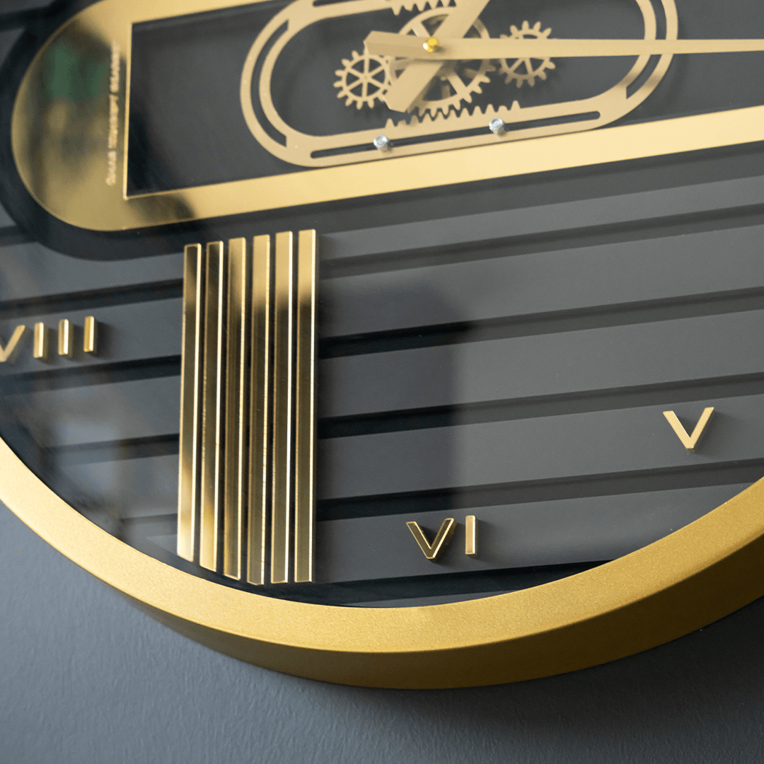 60 CM Metal Gold Çerçeveli Siyah-Antrasit Doğrusal Hareket Çarklı Duvar Saati,Metal Salon Ofis Duvar Saati