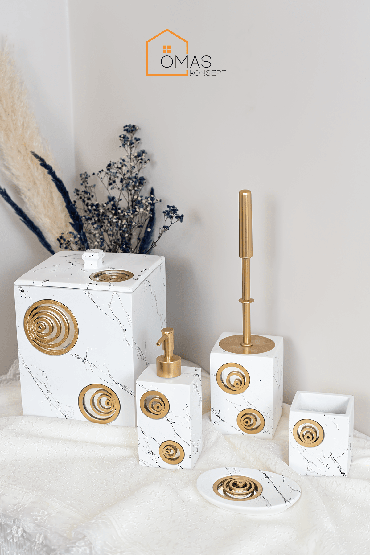 Gold Beyaz Premium 5 Parça Aynalı Polyester Banyo Seti