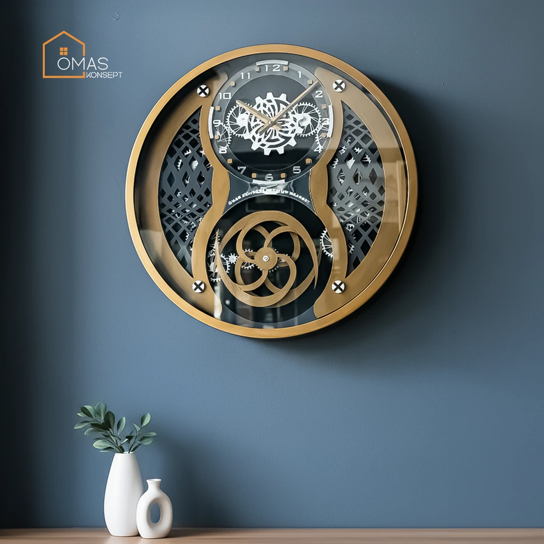 60 CM Metal Eskitme-Antrasit Örüntülü Pervane Çarklı Camlı Duvar Saati,Metal Salon Ofis Duvar Saati