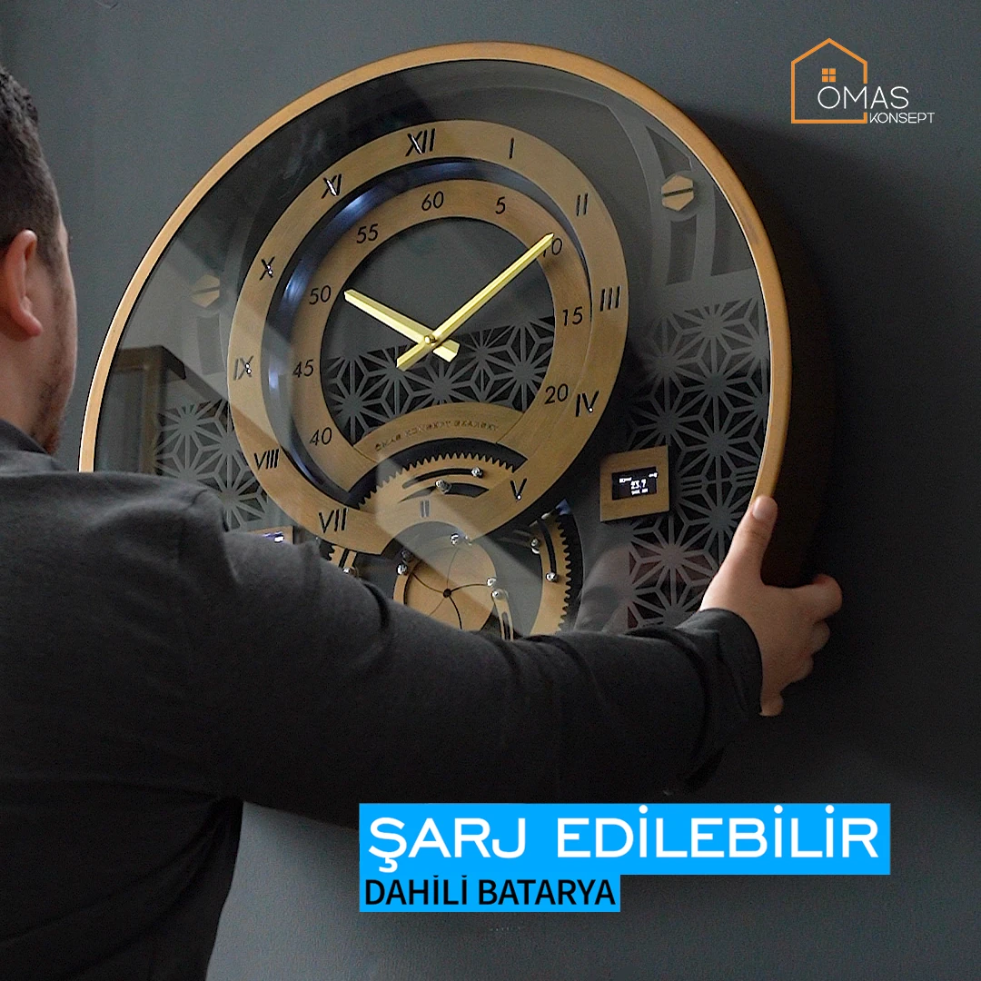 Premium 60 CM Akıllı Şarjlı Ledli Metal Eskitme Çarklı Duvar Saati V2,Akıllı Şarjlı Ledli Çarklı Duvar Saati
