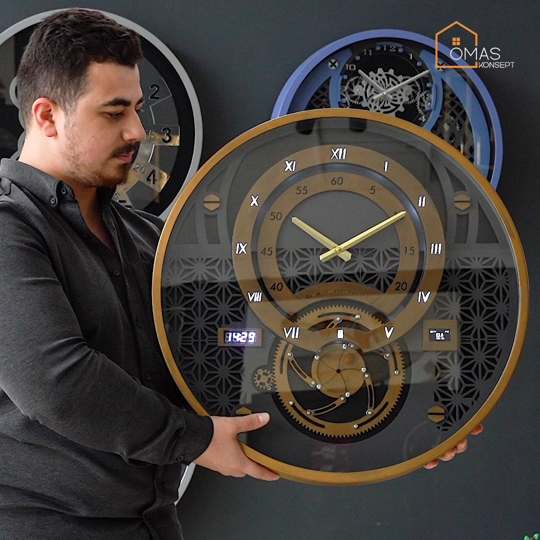 Premium 60 CM Akıllı Şarjlı Ledli Metal Eskitme Çarklı Duvar Saati V2,Akıllı Şarjlı Ledli Çarklı Duvar Saati