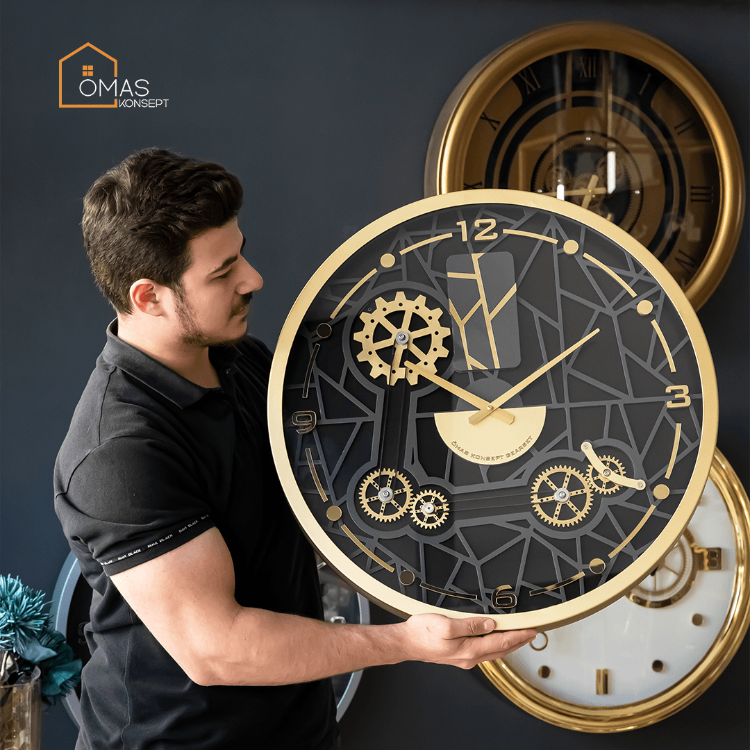 60 CM Metal Gold-Antrasit Mekanik Kayışlı Şarjlı Akıllı Çarklı Camlı Duvar Saati,Metal Salon Ofis Duvar Saati