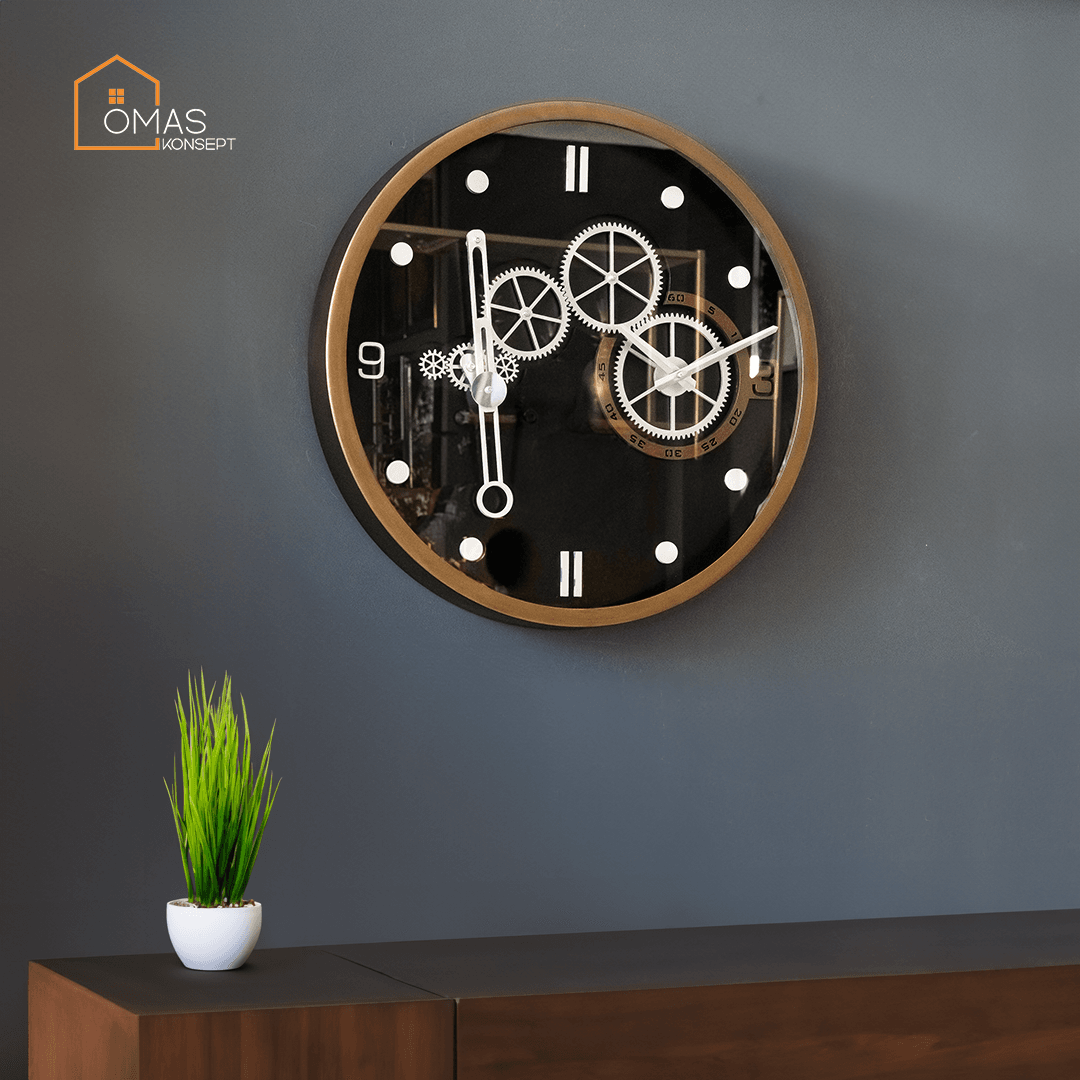 60 CM Metal Eskitme-Siyah Renkli Elektronik Sarkaçlı Gümüş Çarklı Camlı Duvar Saati,Metal Salon Ofis Duvar Saati