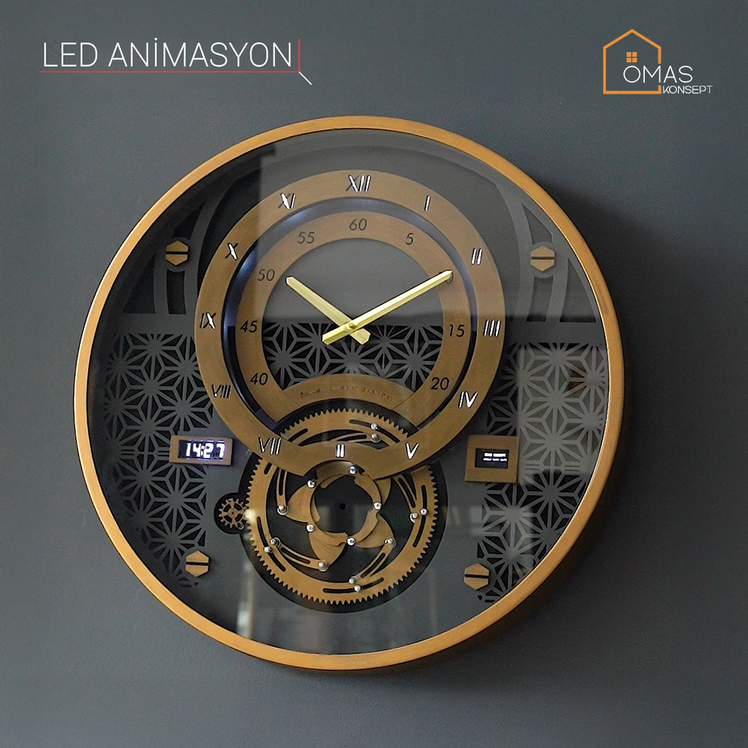 Premium 60 CM Akıllı Şarjlı Ledli Metal Eskitme Çarklı Duvar Saati V2,Akıllı Şarjlı Ledli Çarklı Duvar Saati