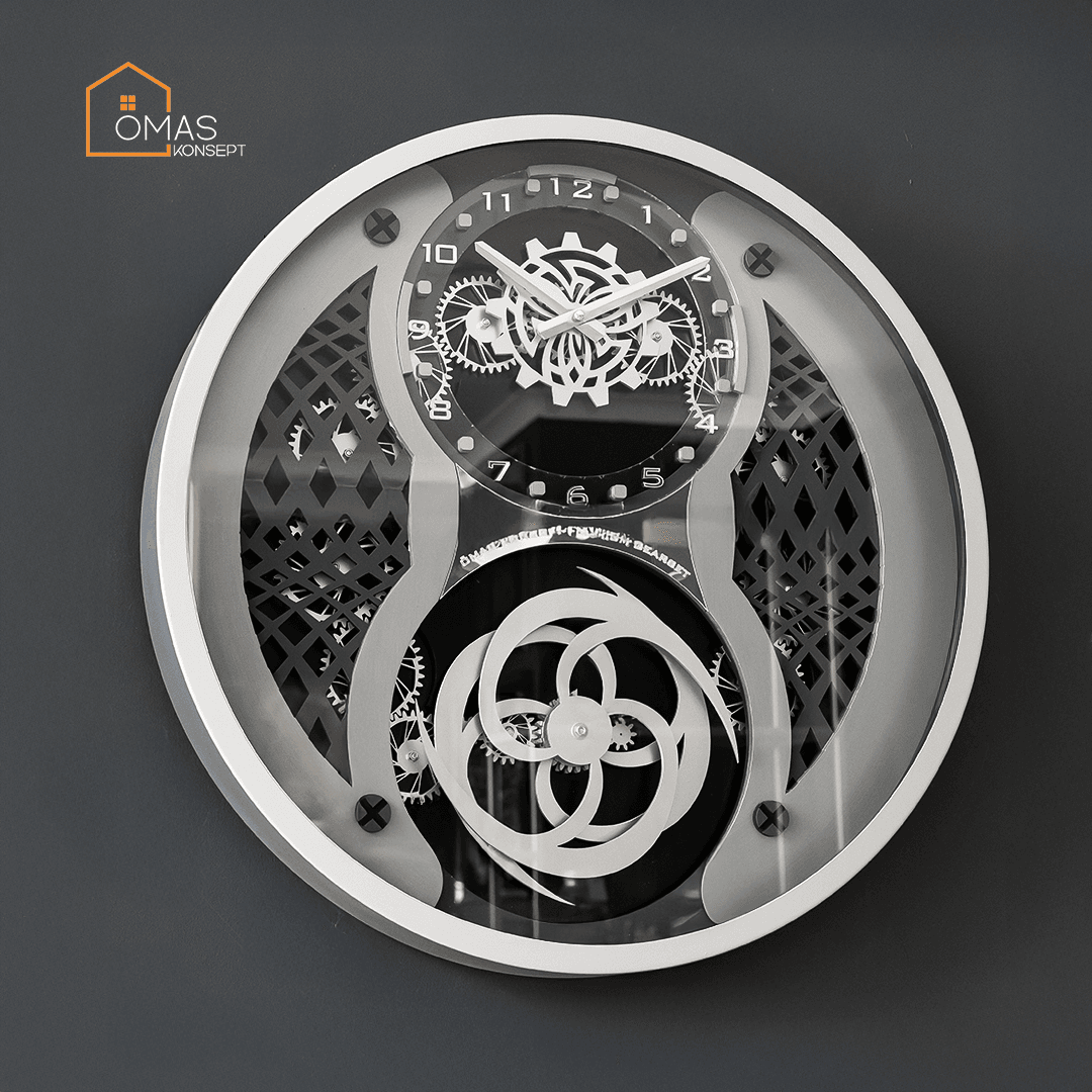 60 CM Metal Gümüş-Antrasit Örüntülü Pervane Çarklı Camlı Duvar Saati,Metal Salon Ofis Duvar Saati