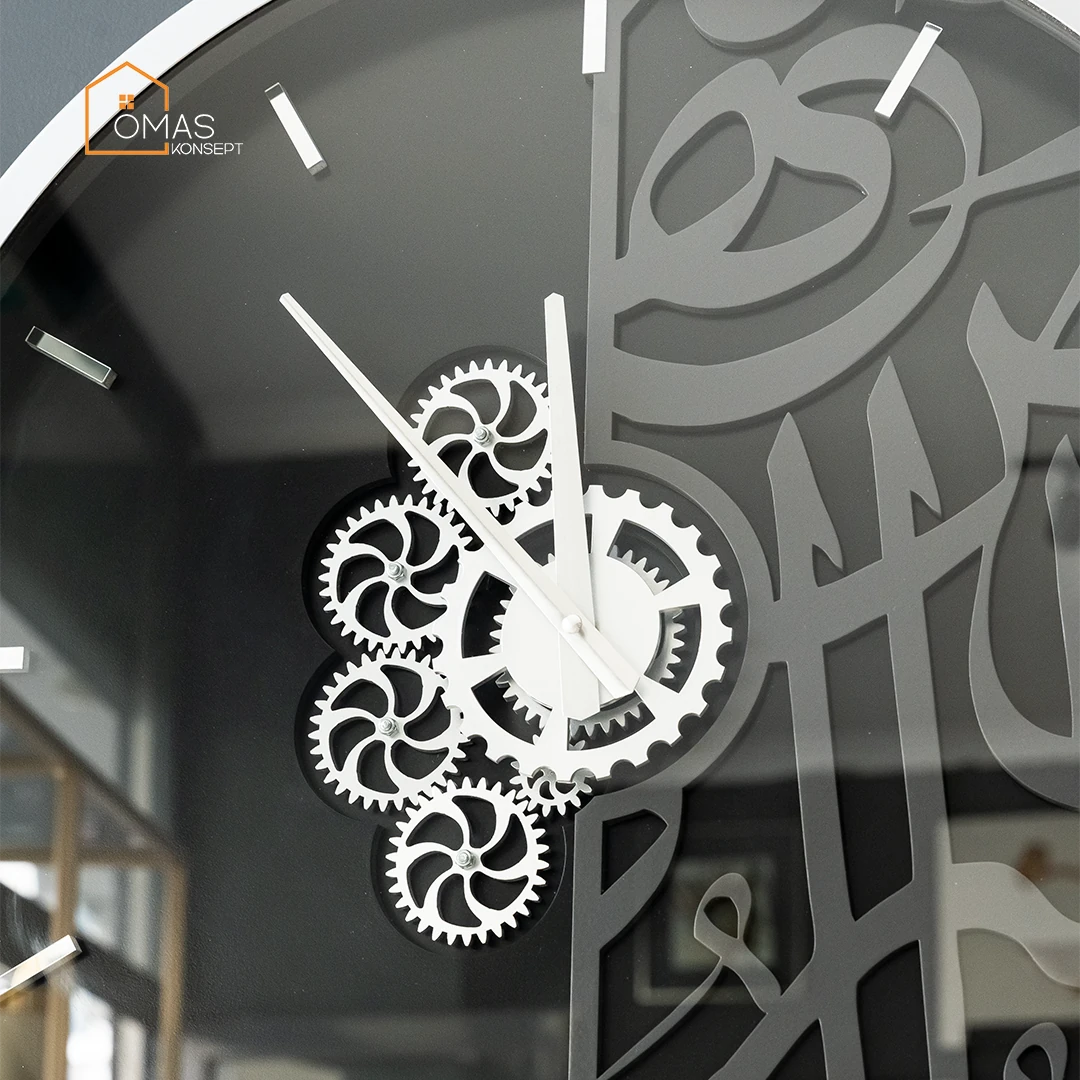 60 CM Metal Gümüş-Antrasit Arapça Hat Detaylı Çarklı Duvar Saati,Ev Ofis Metal Duvar Saati