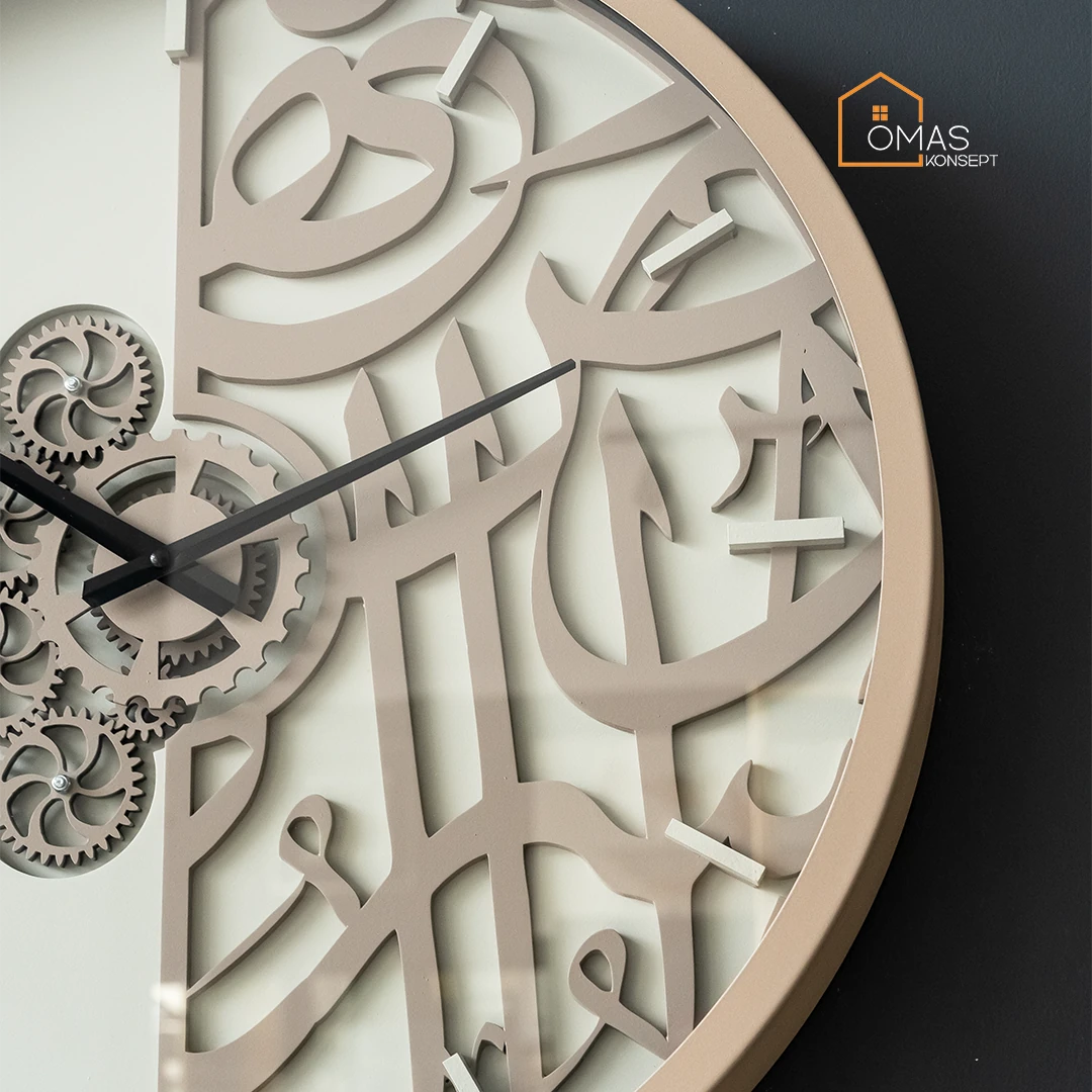 60 CM Metal Bej-Krem Arapça Hat Detaylı Çarklı Duvar Saati,Ev Ofis Metal Duvar Saati
