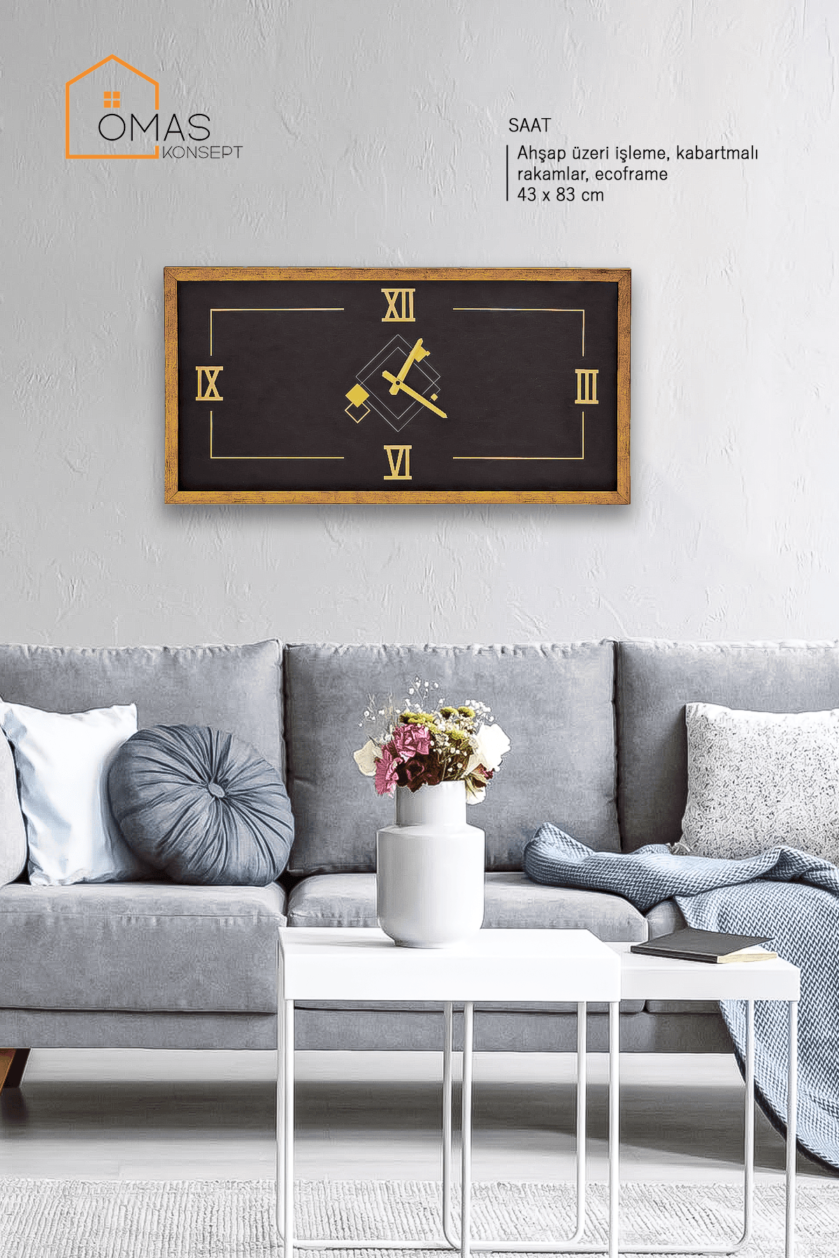 Doku Concept Özverler Ahşap Üzeri İşlemeli Kabartmalı Rakamlı Saat Tablo