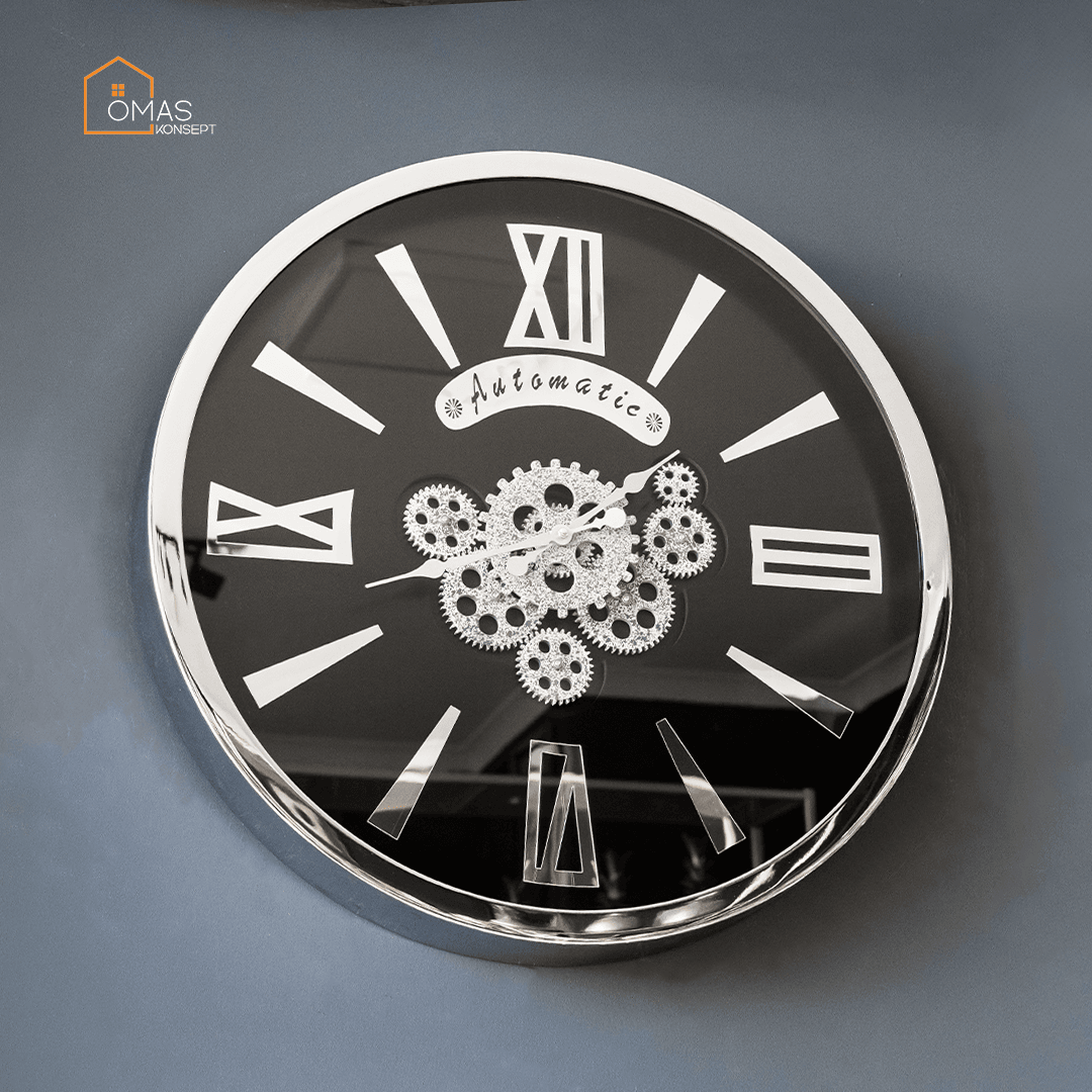 60 CM Metal Premium Gümüş Döner Çarklı Camlı Arkası Kapalı Tasarım Duvar Saati