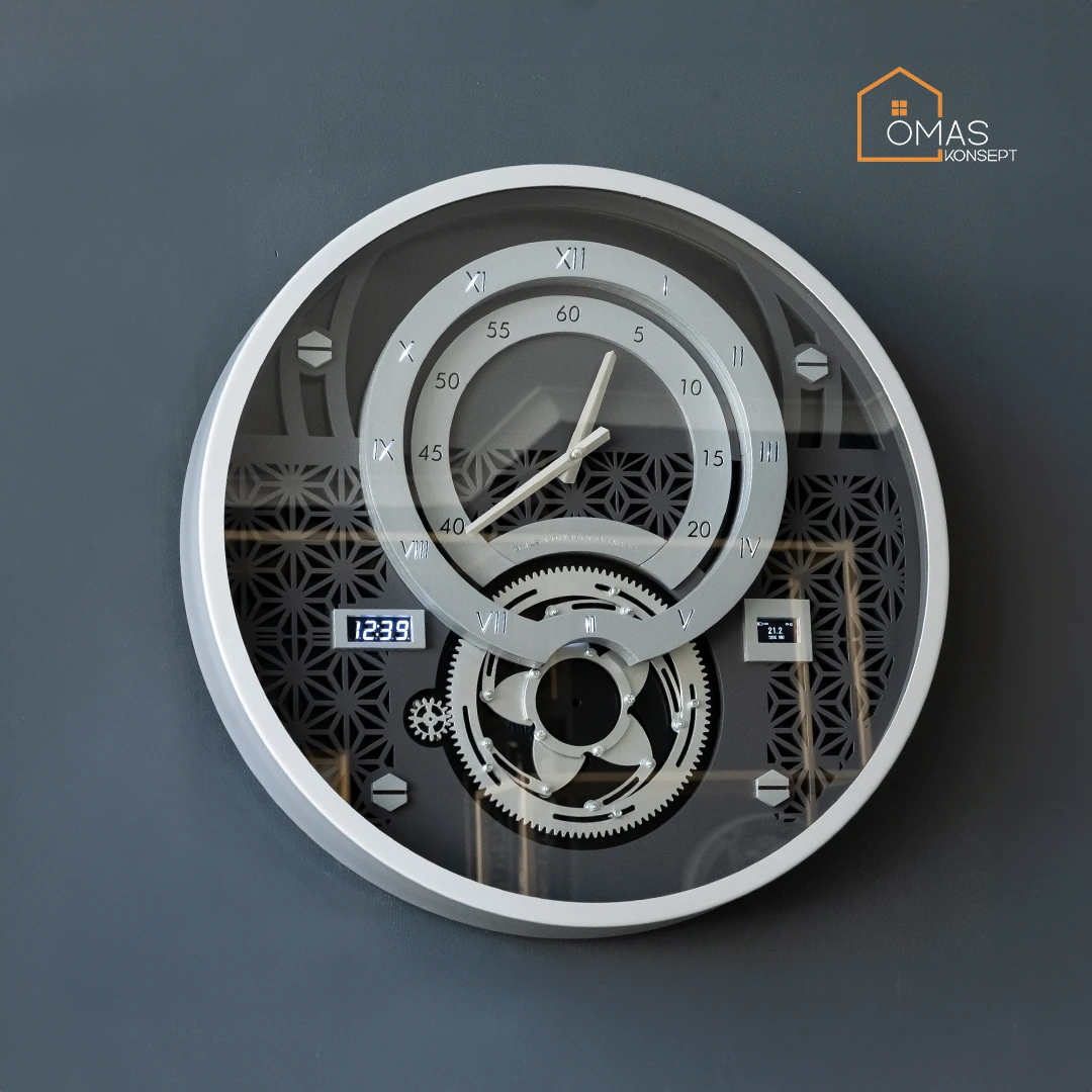 Premium 60 CM Akıllı Şarjlı Ledli Metal Gümüş Çarklı Duvar Saati V2,Akıllı Şarjlı Ledli Çarklı Duvar Saati