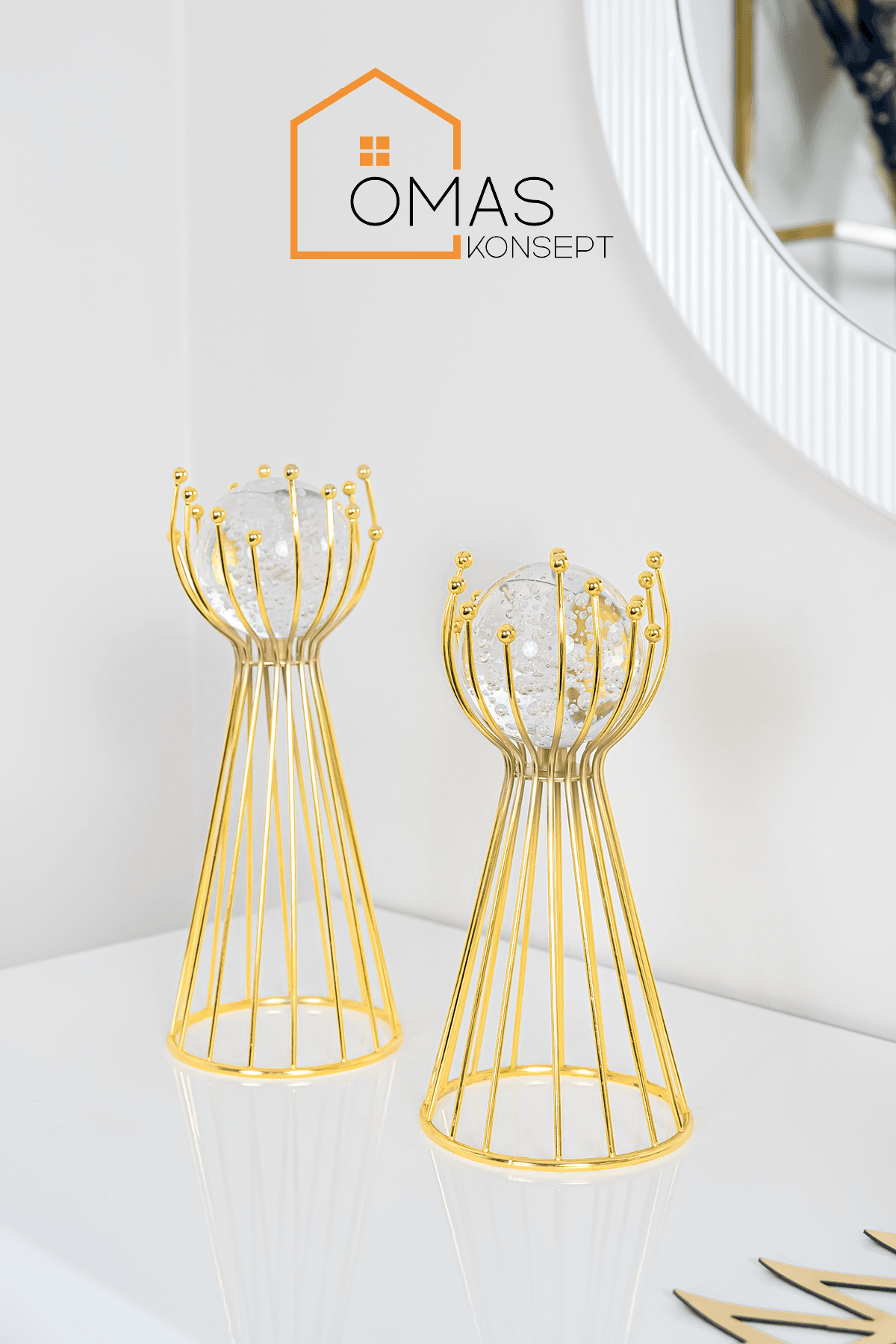 Gold Premium 2'Li Metal Ayaklı Cam Küre Ev Aksesuar ve Dekorasyon Seti