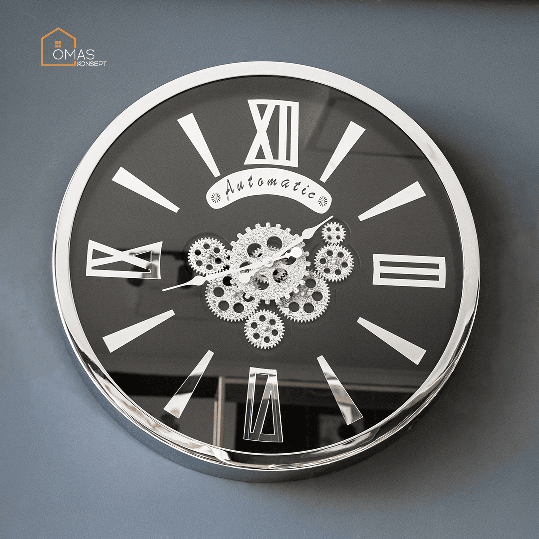 60 CM Metal Premium Gümüş Döner Çarklı Camlı Arkası Kapalı Tasarım Duvar Saati