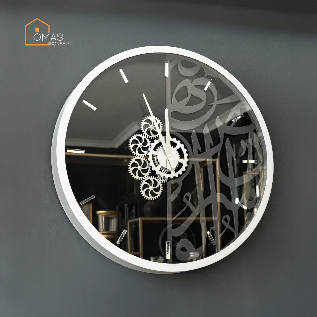 60 CM Metal Gümüş-Antrasit Arapça Hat Detaylı Çarklı Duvar Saati,Ev Ofis Metal Duvar Saati