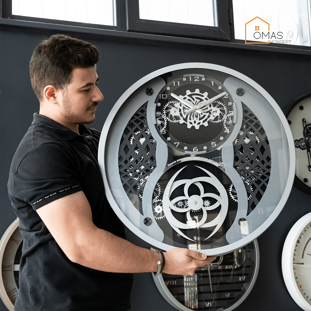 60 CM Metal Gümüş-Antrasit Örüntülü Pervane Çarklı Camlı Duvar Saati,Metal Salon Ofis Duvar Saati