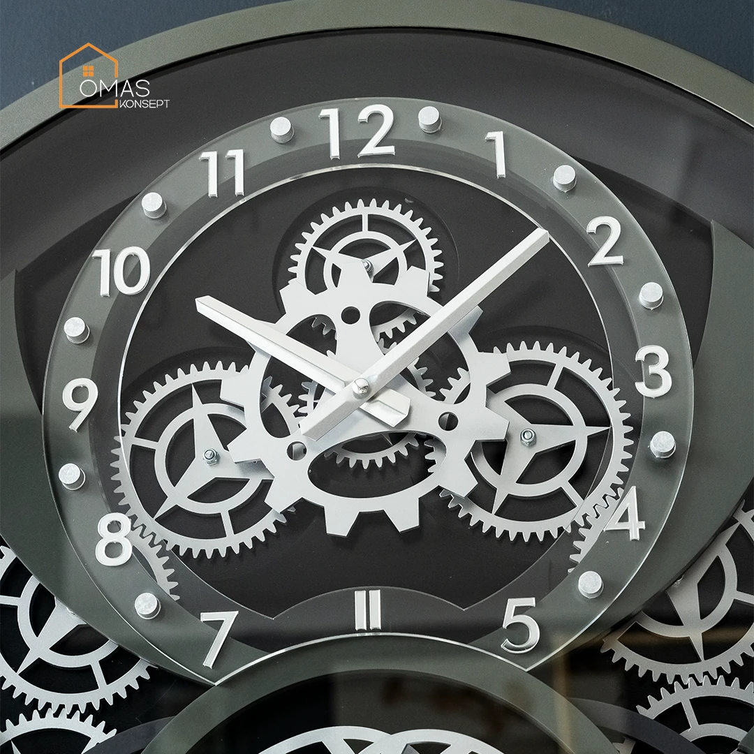 60 CM Metal Hâki-Gümüş-Antrasit Örüntülü Pervane Çarklı Camlı Duvar Saati,Metal Salon Ofis Duvar Saati