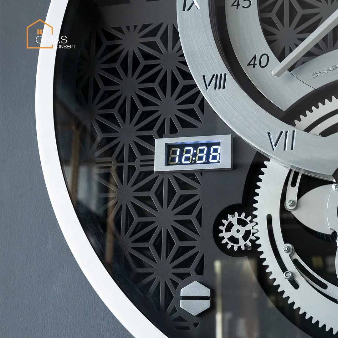 Premium 60 CM Akıllı Şarjlı Ledli Metal Gümüş Çarklı Duvar Saati V2,Akıllı Şarjlı Ledli Çarklı Duvar Saati