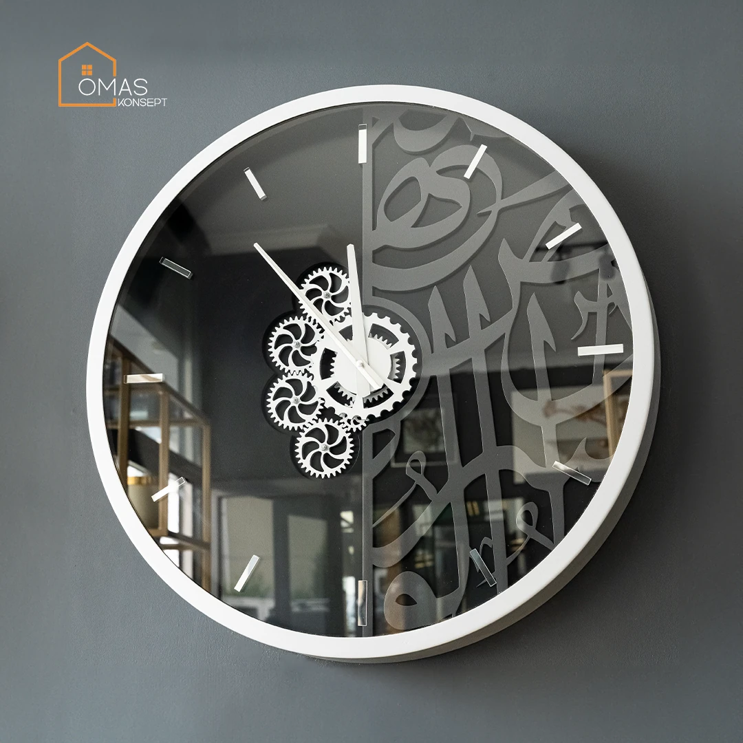 60 CM Metal Gümüş-Antrasit Arapça Hat Detaylı Çarklı Duvar Saati,Ev Ofis Metal Duvar Saati