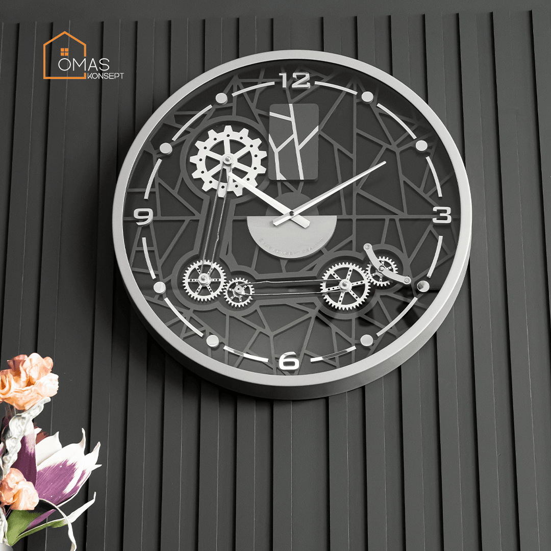 60 CM Metal Gümüş-Antrasit Mekanik Kayışlı Şarjlı Çarklı Camlı Duvar Saati,Metal Salon Ofis Duvar Saati