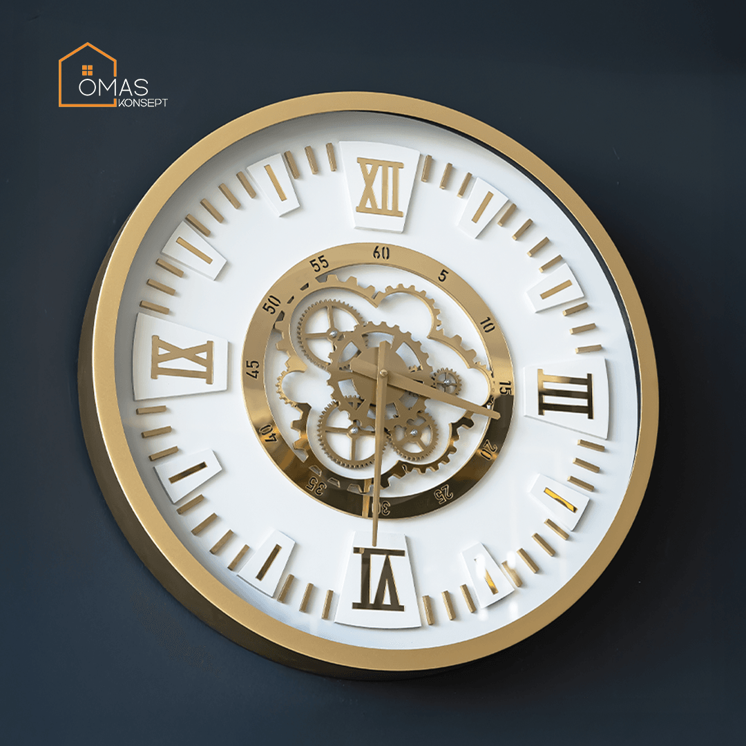 60 CM Metal Gold-Beyaz Çarklı Duvar Saati,Ev Ofis Metal Duvar Saati