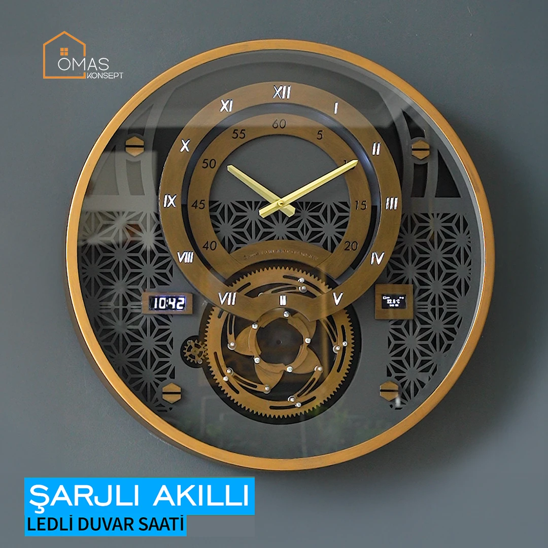 Premium 60 CM Akıllı Şarjlı Ledli Metal Eskitme Çarklı Duvar Saati V2,Akıllı Şarjlı Ledli Çarklı Duvar Saati