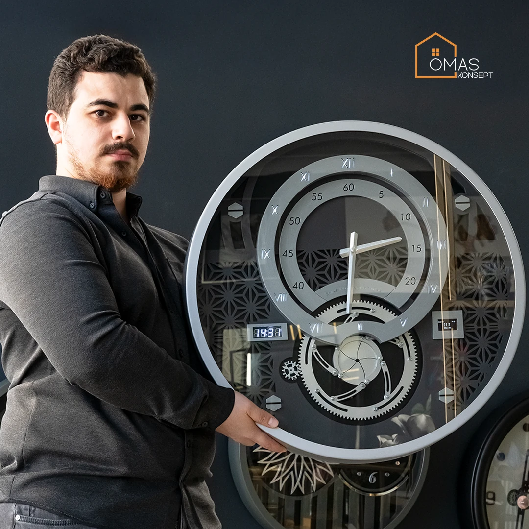 Premium 60 CM Akıllı Şarjlı Ledli Metal Gümüş Çarklı Duvar Saati V2,Akıllı Şarjlı Ledli Çarklı Duvar Saati