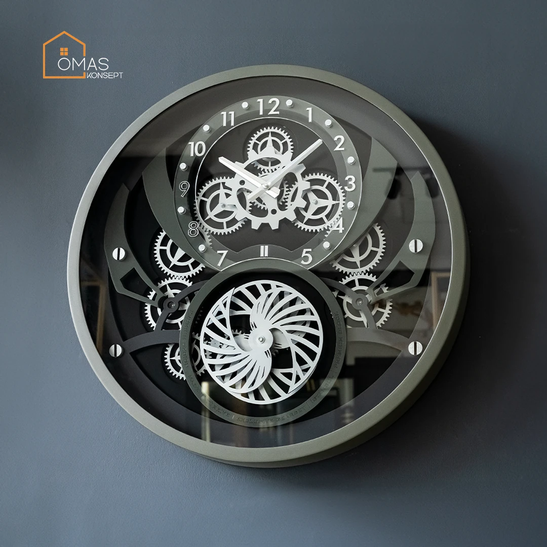 60 CM Metal Hâki-Gümüş-Antrasit Örüntülü Pervane Çarklı Camlı Duvar Saati,Metal Salon Ofis Duvar Saati