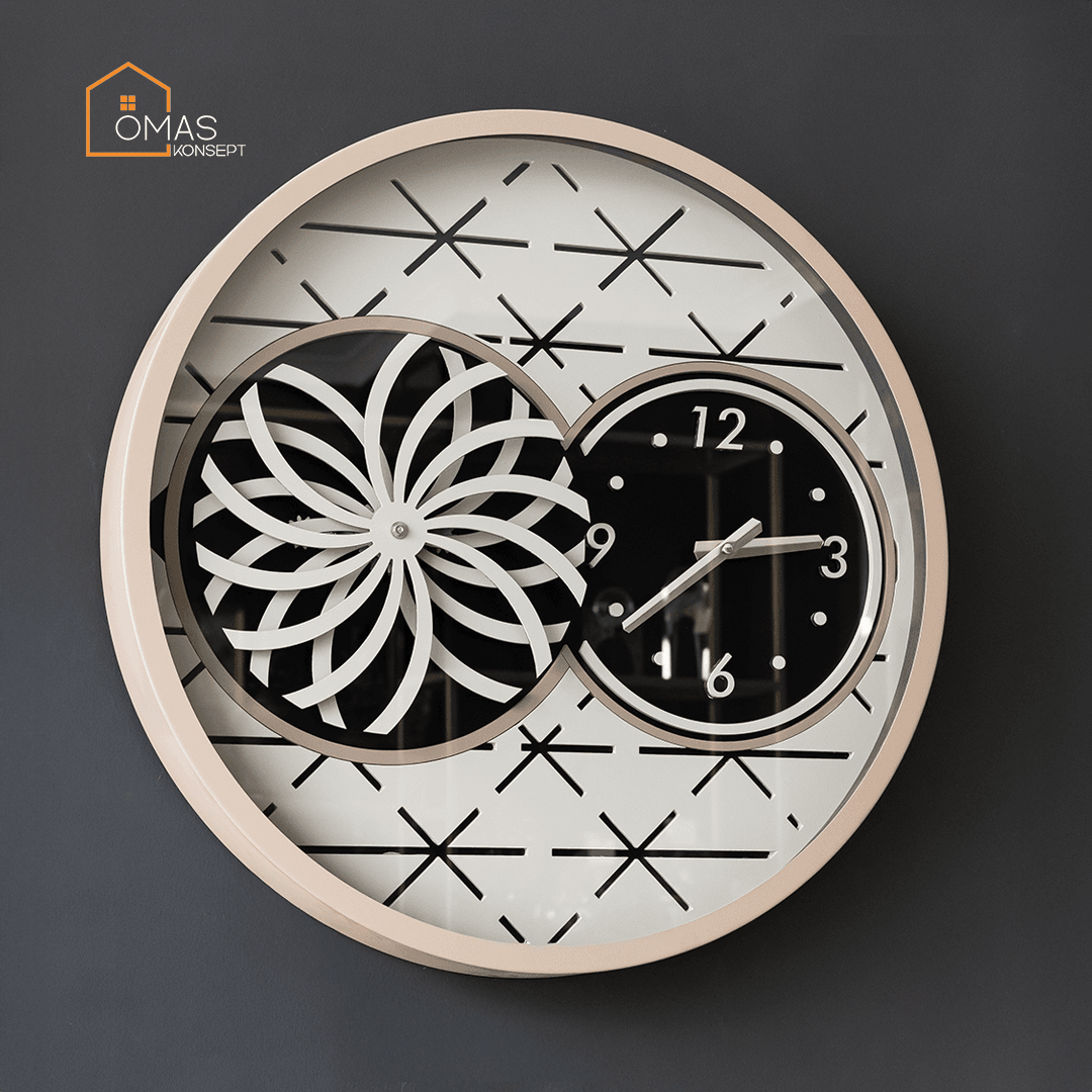 60 CM Metal Bej-Krem Örüntülü Pervane Çarklı Camlı Duvar Saati,Metal Salon Ofis Duvar Saati