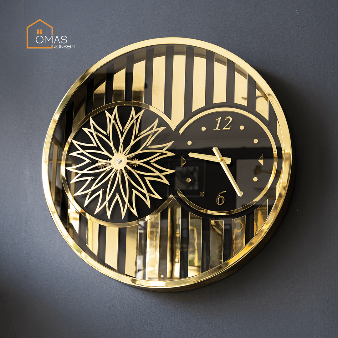60 CM Metal Parlak Gold Örüntülü Pervane Çarklı Camlı Duvar Saati,Metal Salon Ofis Duvar Saati