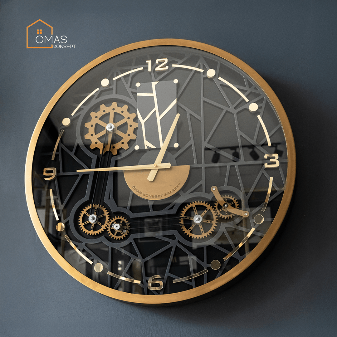 60 CM Akıllı Şarjlı Metal Eskitme Gold-Antrasit Mekanik Kayışlı Çarklı Camlı Duvar Saati,Metal Salon Ofis Duvar Saati