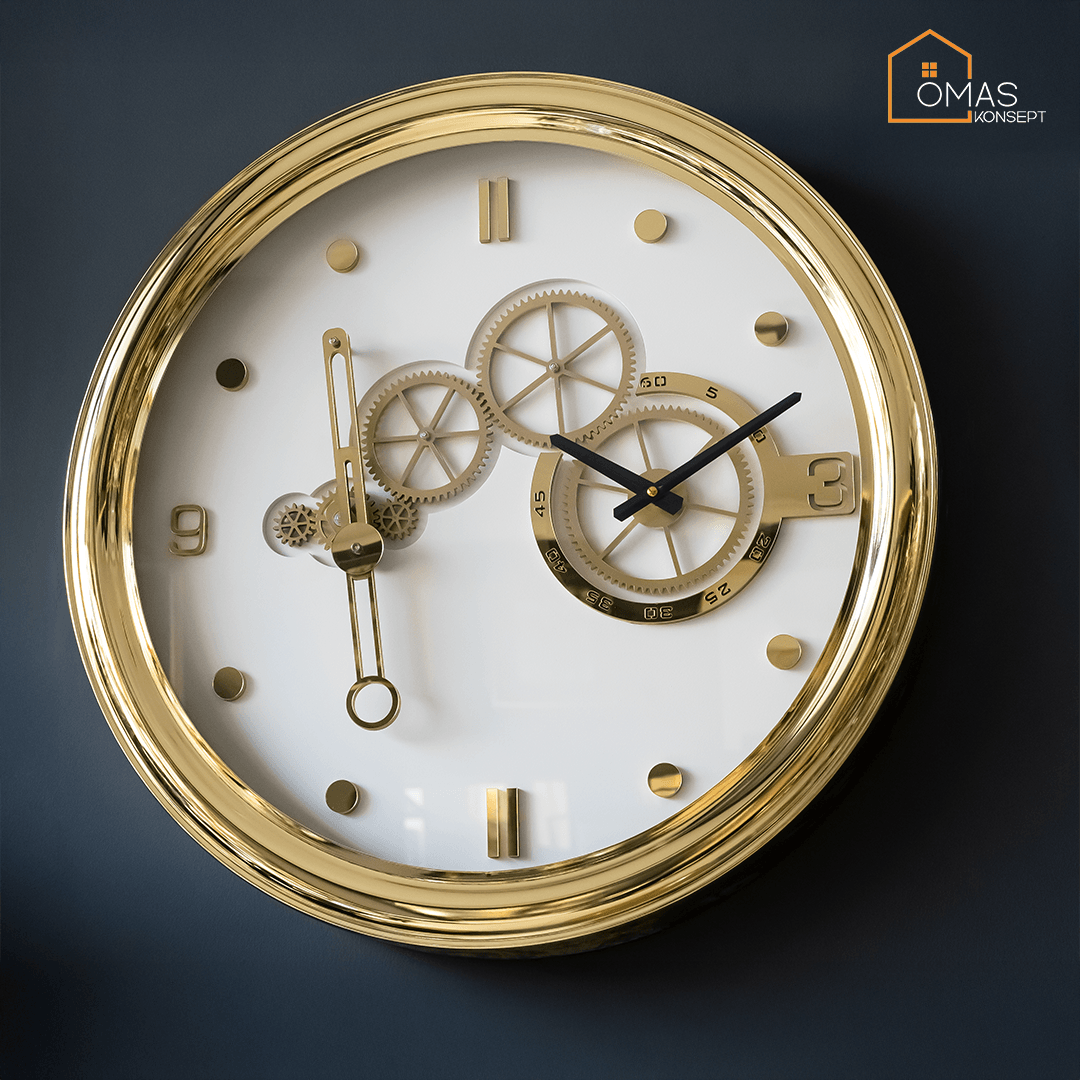 65 CM Metal Gold Beyaz Elektronik Sarkaçlı Çarklı Camlı Duvar Saati,Metal Salon Ofis Duvar Saati