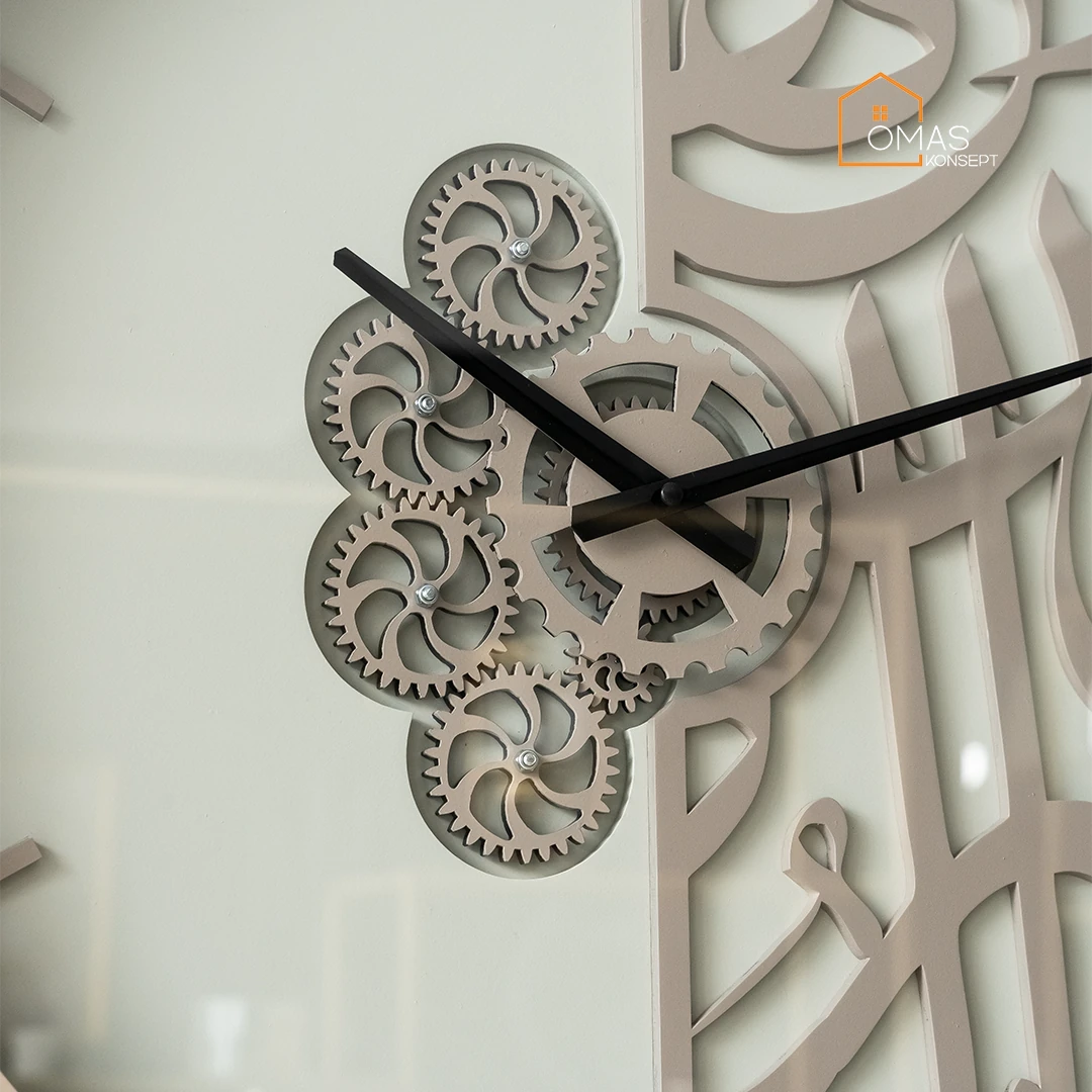 60 CM Metal Bej-Krem Arapça Hat Detaylı Çarklı Duvar Saati,Ev Ofis Metal Duvar Saati