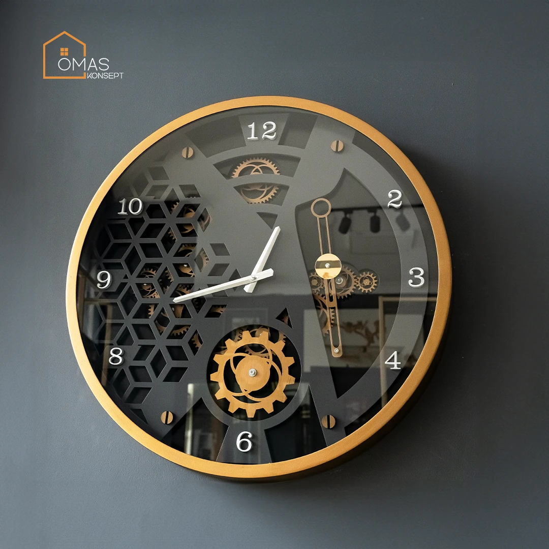 60 CM Metal Eskitme-Antrasit Mekanik Sarkaçlı Çarklı Camlı Duvar Saati,Metal Salon Ofis Duvar Saati