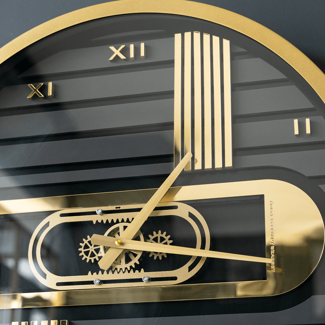 60 CM Metal Gold Çerçeveli Siyah-Antrasit Doğrusal Hareket Çarklı Duvar Saati,Metal Salon Ofis Duvar Saati