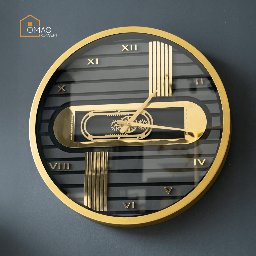 60 CM Metal Gold Çerçeveli Siyah-Antrasit Doğrusal Hareket Çarklı Duvar Saati,Metal Salon Ofis Duvar Saati