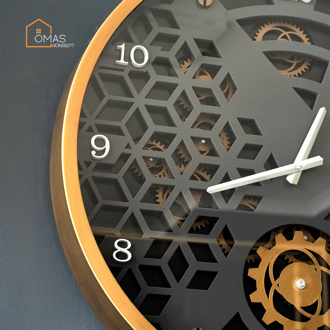 60 CM Metal Eskitme-Antrasit Mekanik Sarkaçlı Çarklı Camlı Duvar Saati,Metal Salon Ofis Duvar Saati