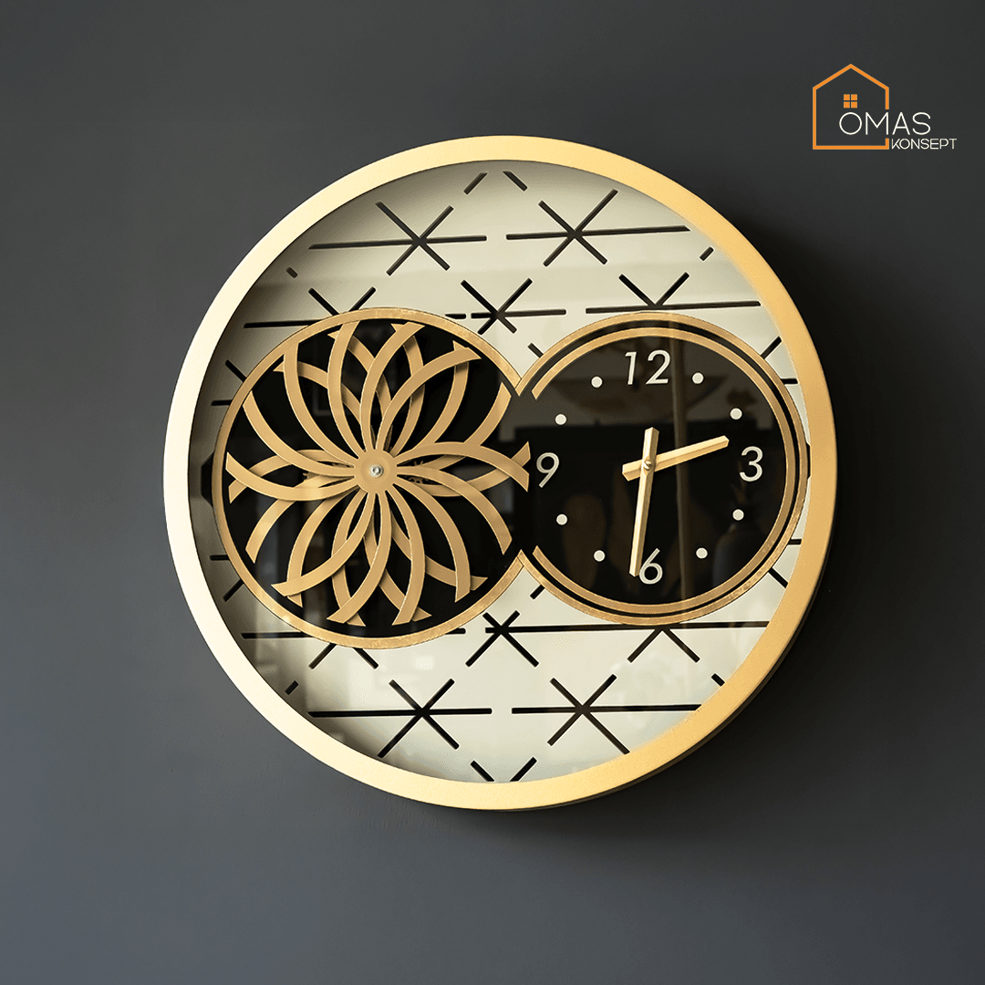 60 CM Metal Gold-Krem Örüntülü Pervane Çarklı Camlı Duvar Saati,Metal Salon Ofis Duvar Saati