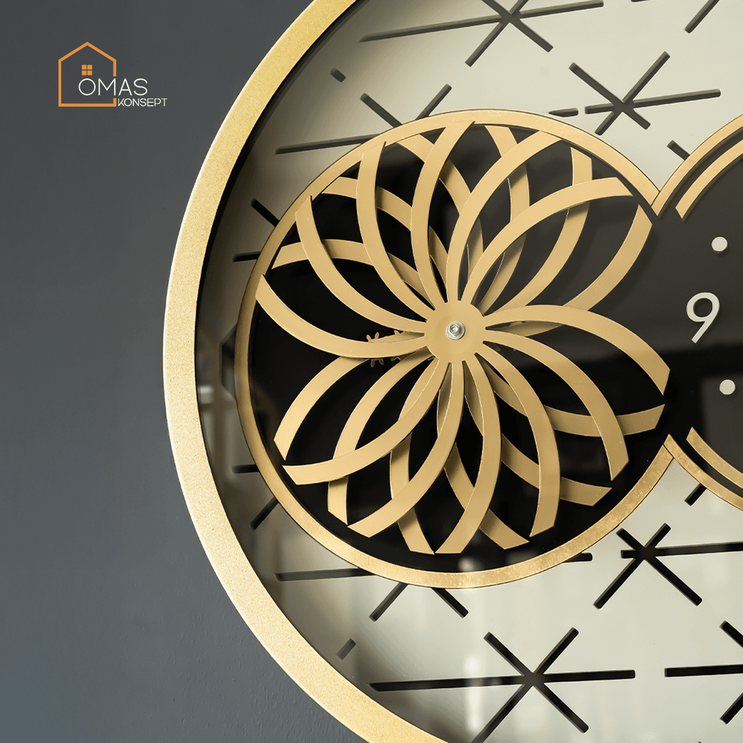 60 CM Metal Gold-Krem Örüntülü Pervane Çarklı Camlı Duvar Saati,Metal Salon Ofis Duvar Saati