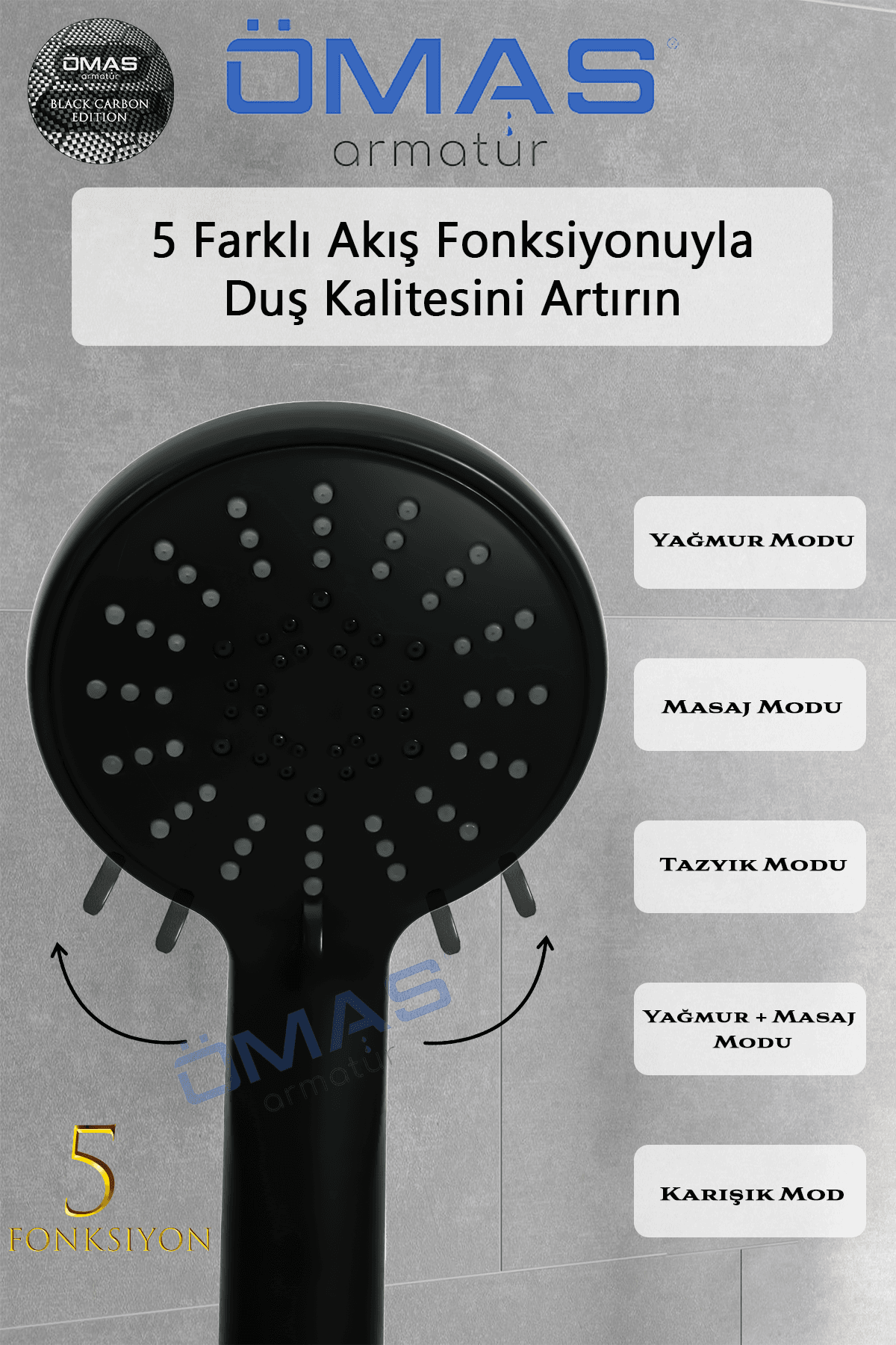 5 Fonksiyonlu Mat Siyah Geniş Yüzey Duş Başlığı, Duş Başlığı