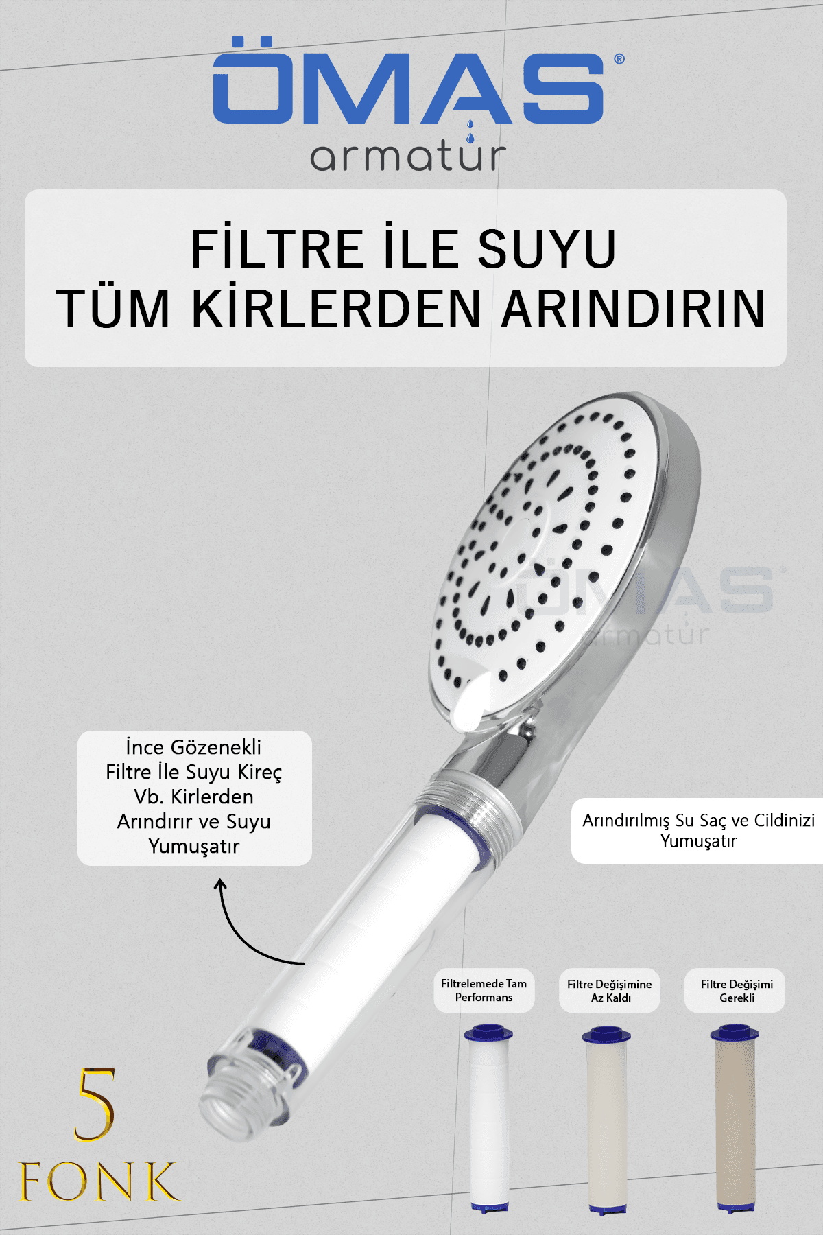 5 Fonksiyonlu Filtreli Duş Başlığı, Filtreli Banyo Duş Başlığı