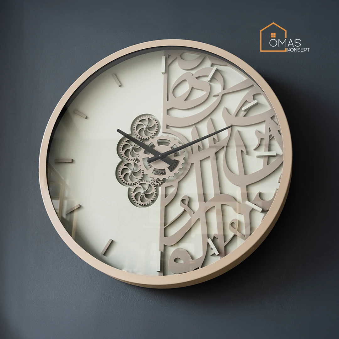 60 CM Metal Bej-Krem Arapça Hat Detaylı Çarklı Duvar Saati,Ev Ofis Metal Duvar Saati