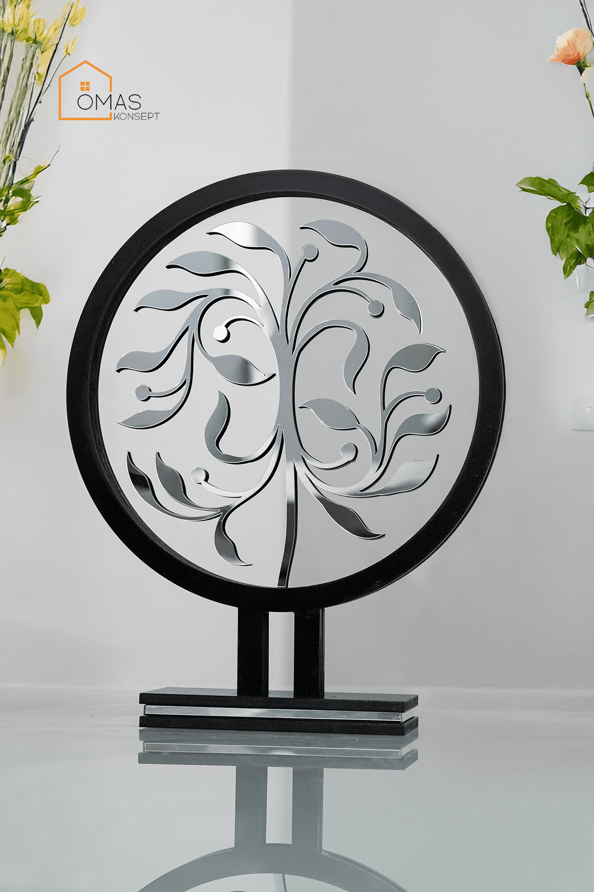 Premium Parlak Detaylı 25 x 32 Cm Çiçek Desenli Obje, Ofis, Ev Objesi, Hediyelik Obje - Gümüş-Siyah