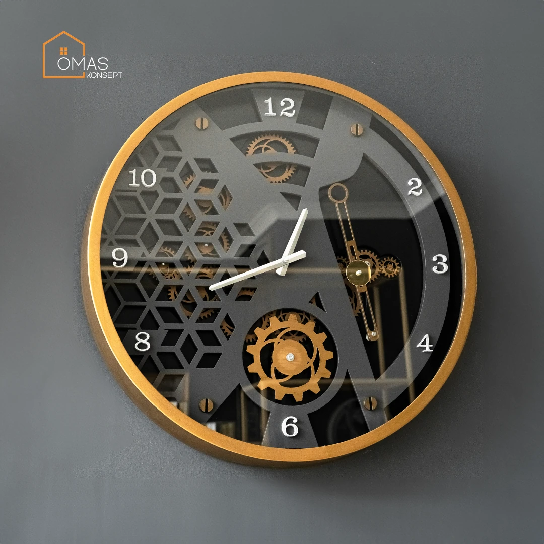 60 CM Metal Eskitme-Antrasit Mekanik Sarkaçlı Çarklı Camlı Duvar Saati,Metal Salon Ofis Duvar Saati