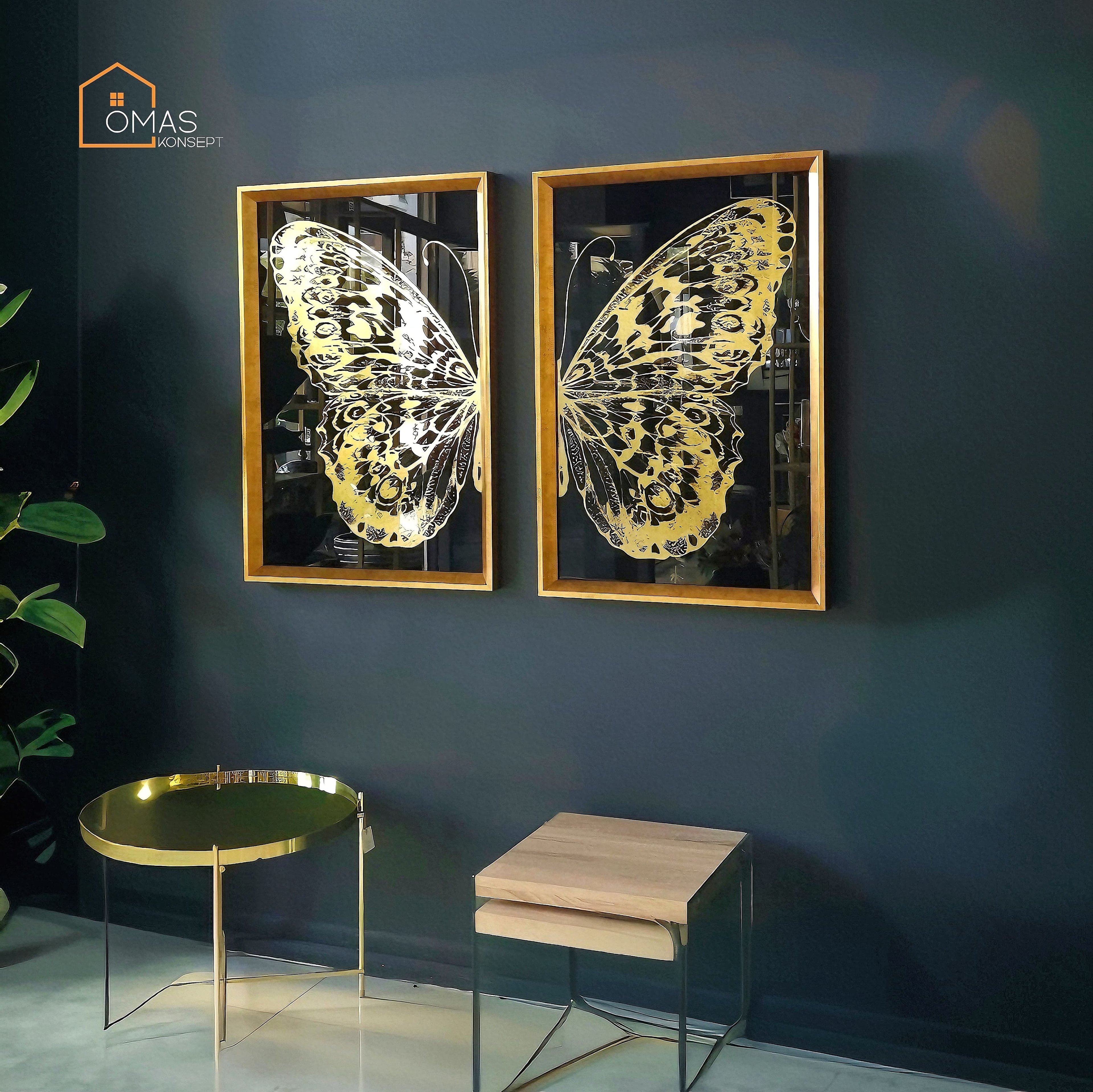 Premium Gold Kelebek Motifli Ayna Detaylı 95x135 CM Camlı Tablo,Ofis Salon Tablo