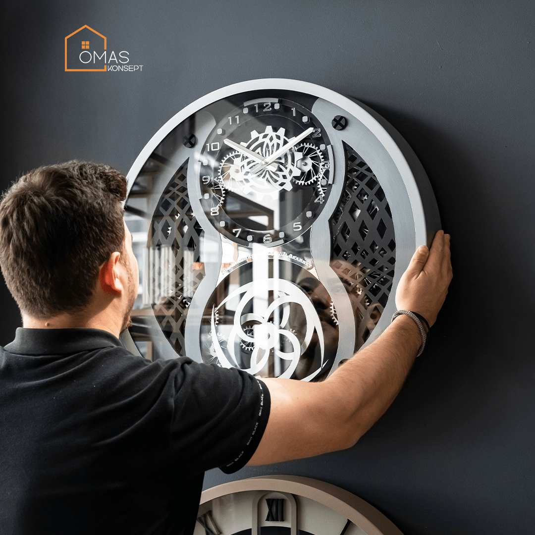 60 CM Metal Gümüş-Antrasit Örüntülü Pervane Çarklı Camlı Duvar Saati,Metal Salon Ofis Duvar Saati