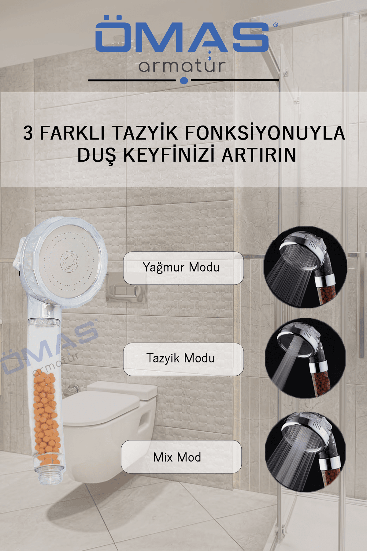3 Fonksiyonlu Boncuklu Filtreli Banyo Bataryası, Boncuklu Su Tasarruflu Filtreli Duş Başlığı Seti