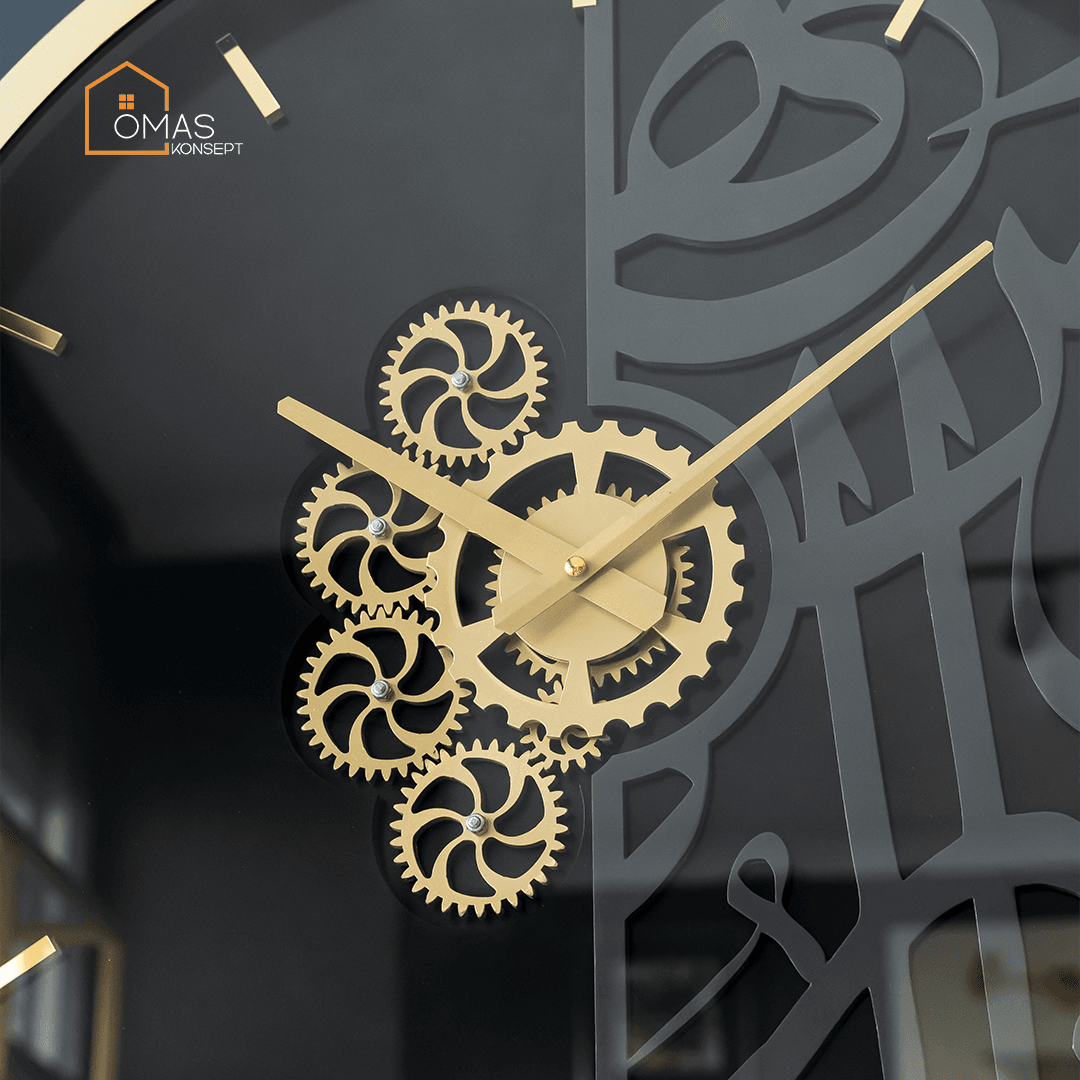 60 CM Metal Gold-Antrasit Arapça Hat Detaylı Çarklı Duvar Saati,Ev Ofis Metal Duvar Saati