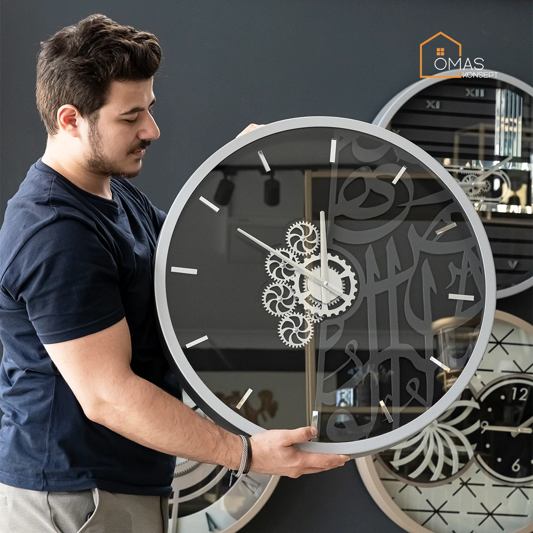 60 CM Metal Gümüş-Antrasit Arapça Hat Detaylı Çarklı Duvar Saati,Ev Ofis Metal Duvar Saati