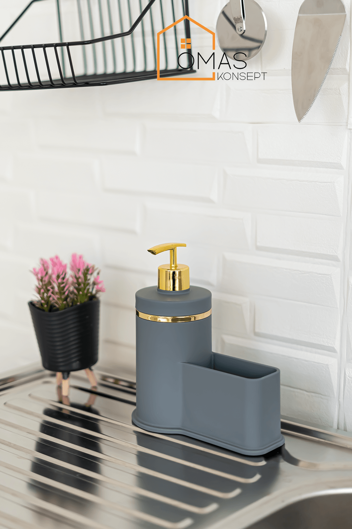 Mat Soft Gold Detaylı Gri Sünger Hazneli Sıvı Sabunluk