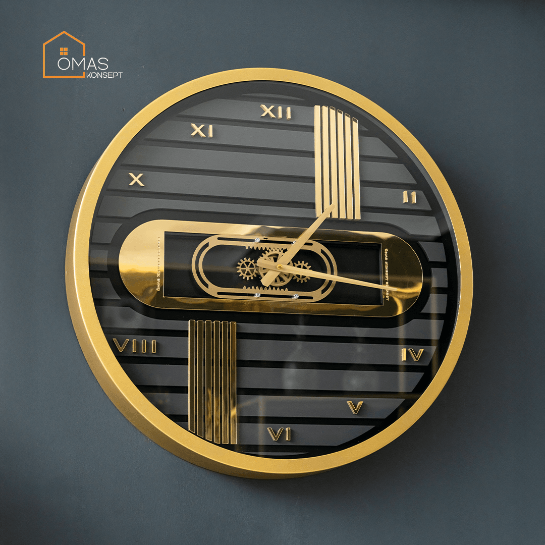 60 CM Metal Gold Çerçeveli Siyah-Antrasit Doğrusal Hareket Çarklı Duvar Saati,Metal Salon Ofis Duvar Saati