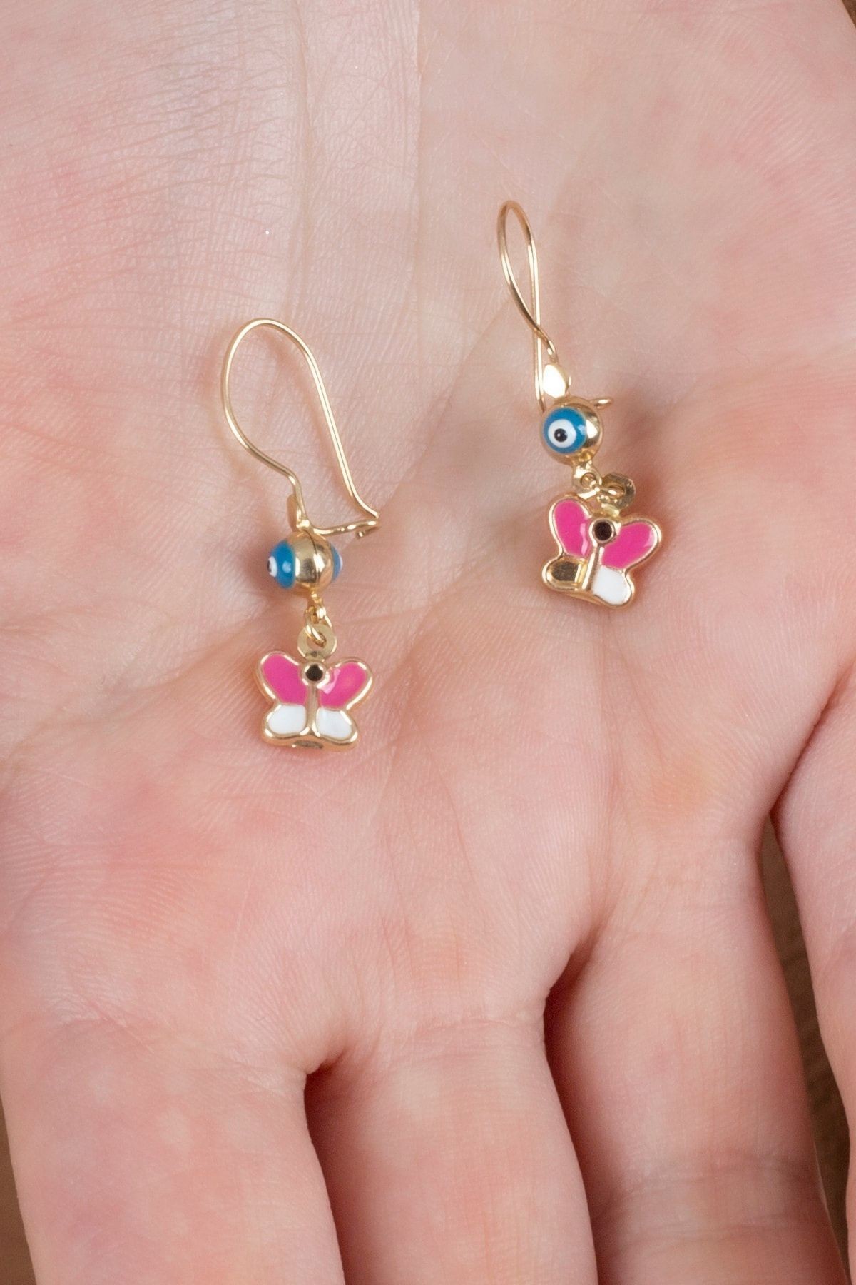 14 Ayar Altın Sallantı Pembe Kelebek Çocuk Küpe